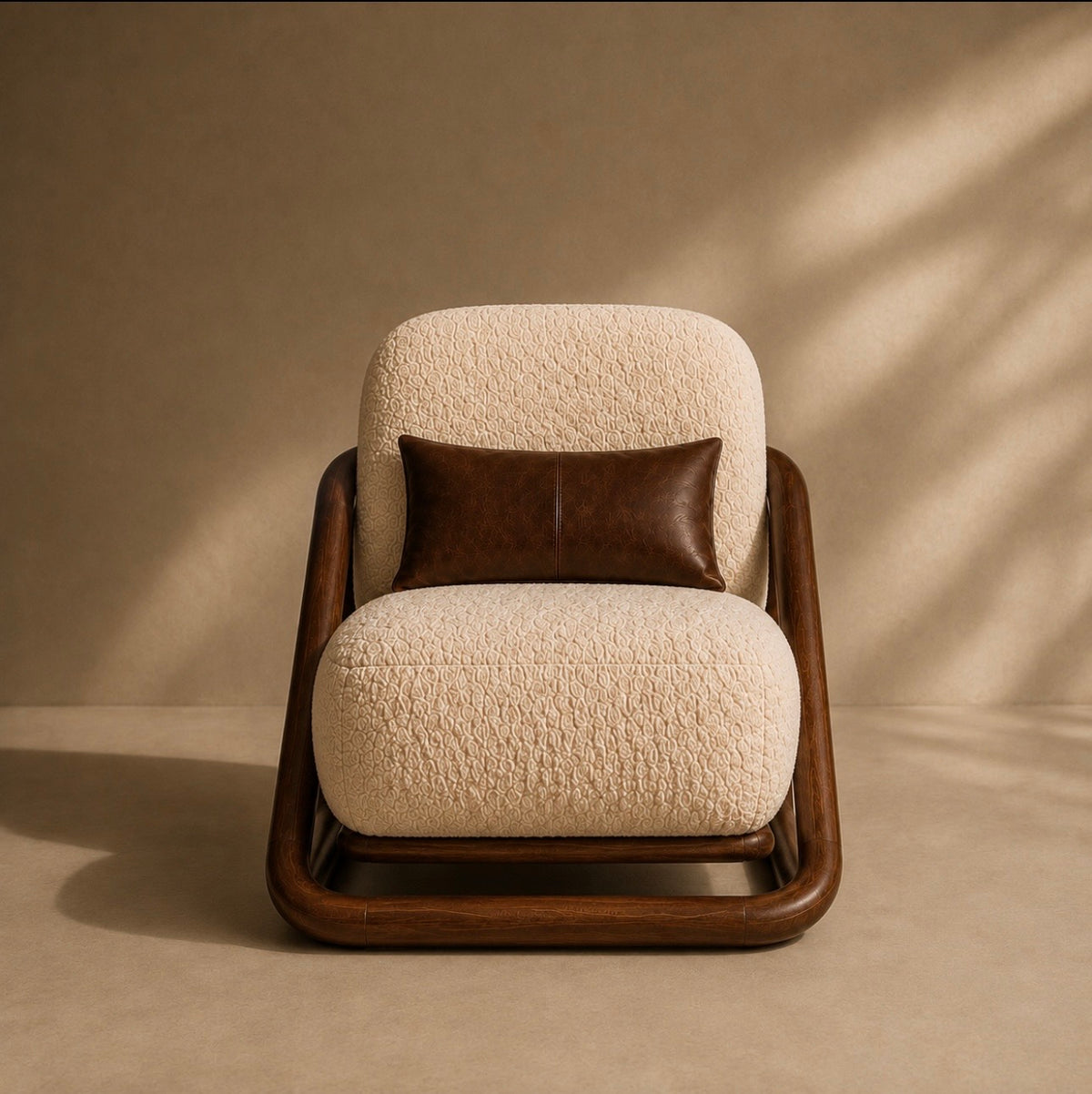 Montu lounge chair seen from the front, with a bouclé seat and back and a dark wood frame