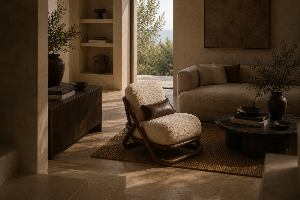 Montu lounge chair in a stone-floored living room, beside a curved sofa and a dark stone coffee table