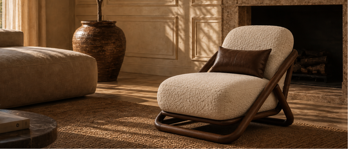 An Outform lounge chair in a sunlit interior beside a fireplace, in warm afternoon light