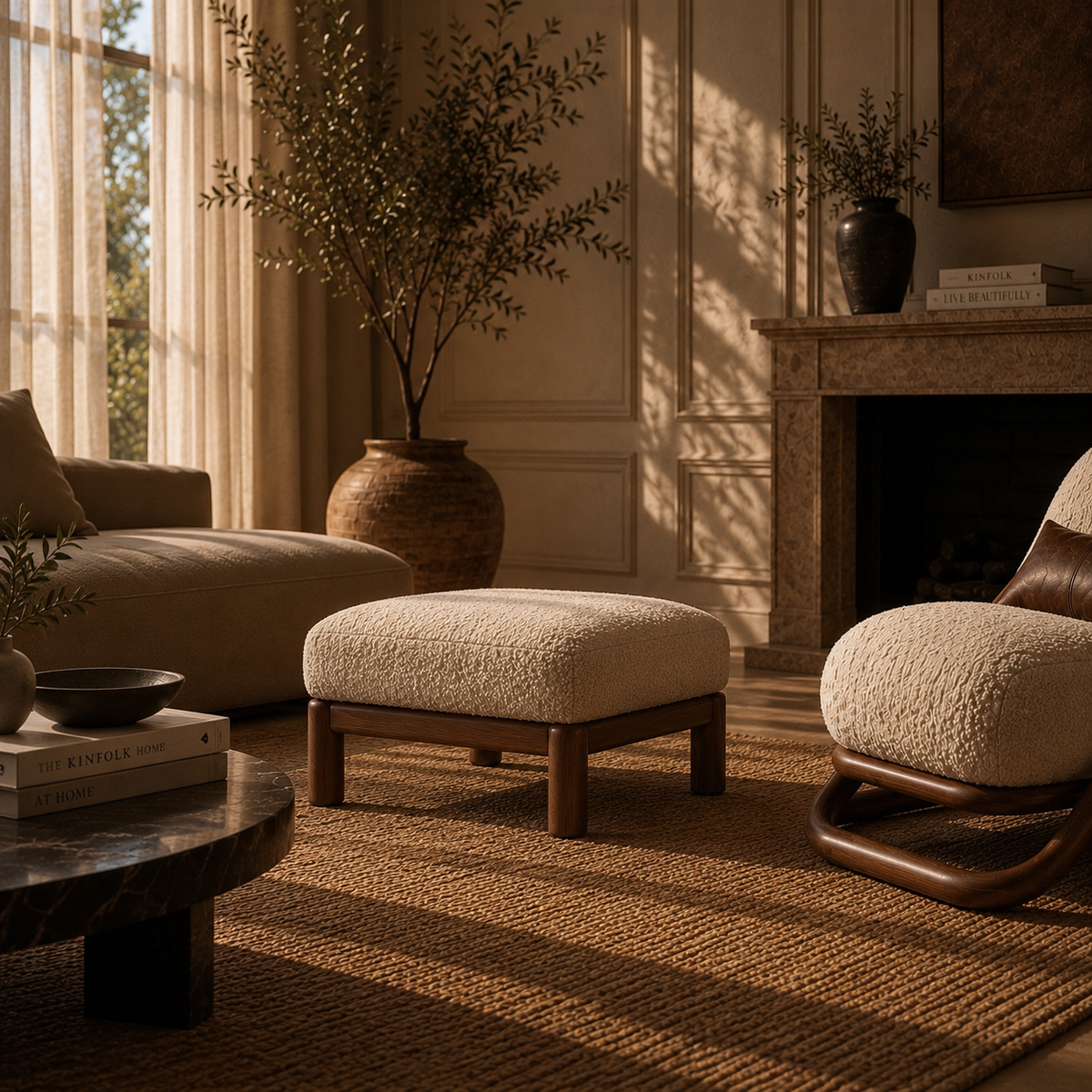 Hapi ottoman beside the Montu lounge chair in a living room with a fireplace