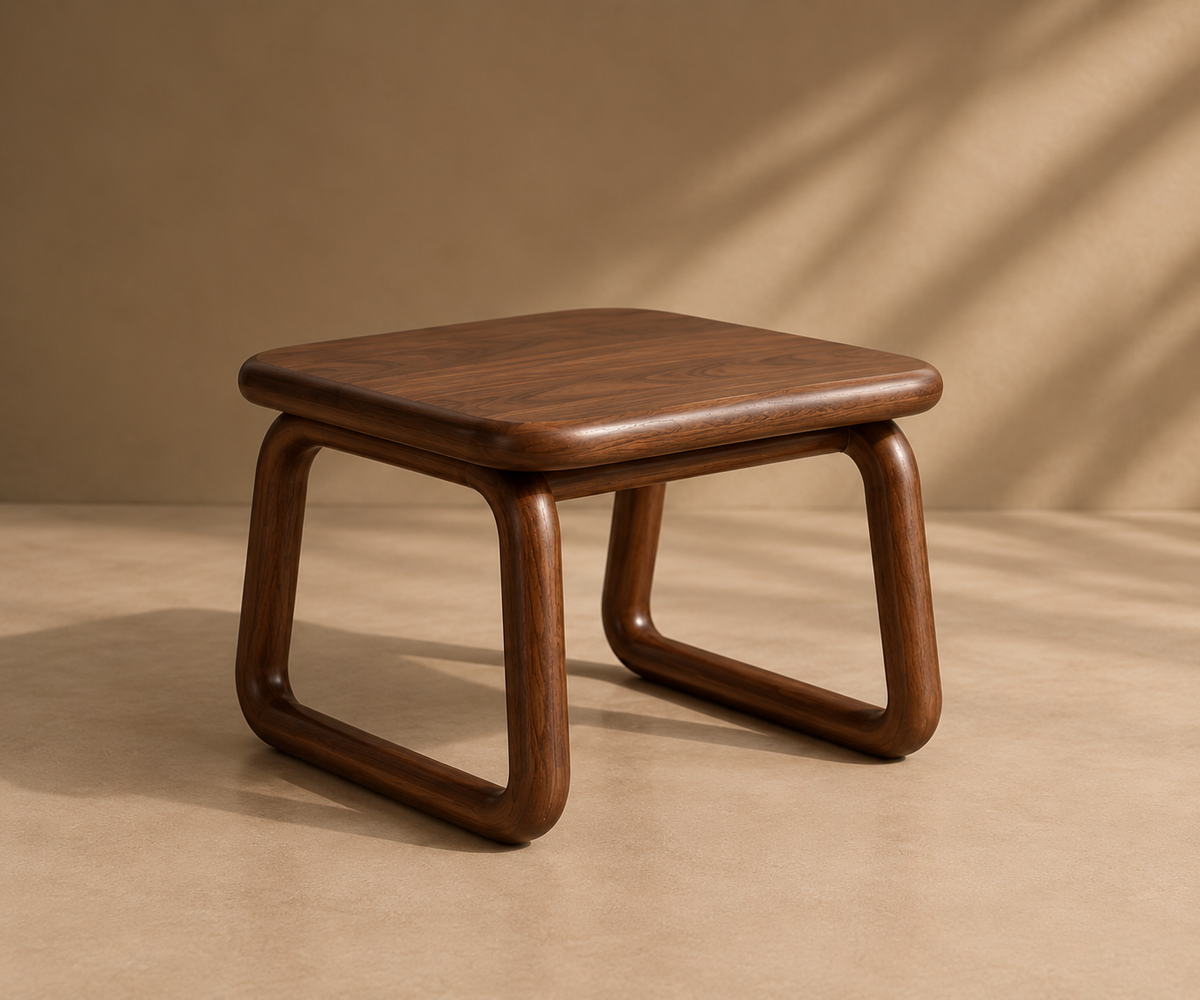 Seti side table at a three-quarter angle, showing the thick rounded top and looped wooden sides