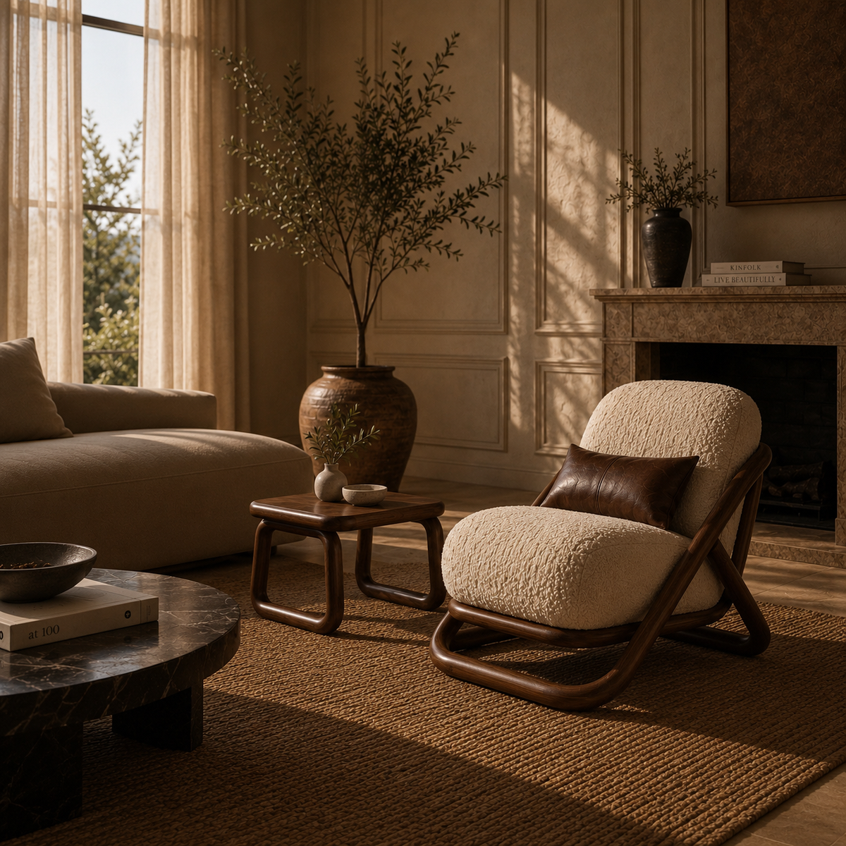 Seti side table and Montu lounge chair beside a fireplace in a sunlit living room