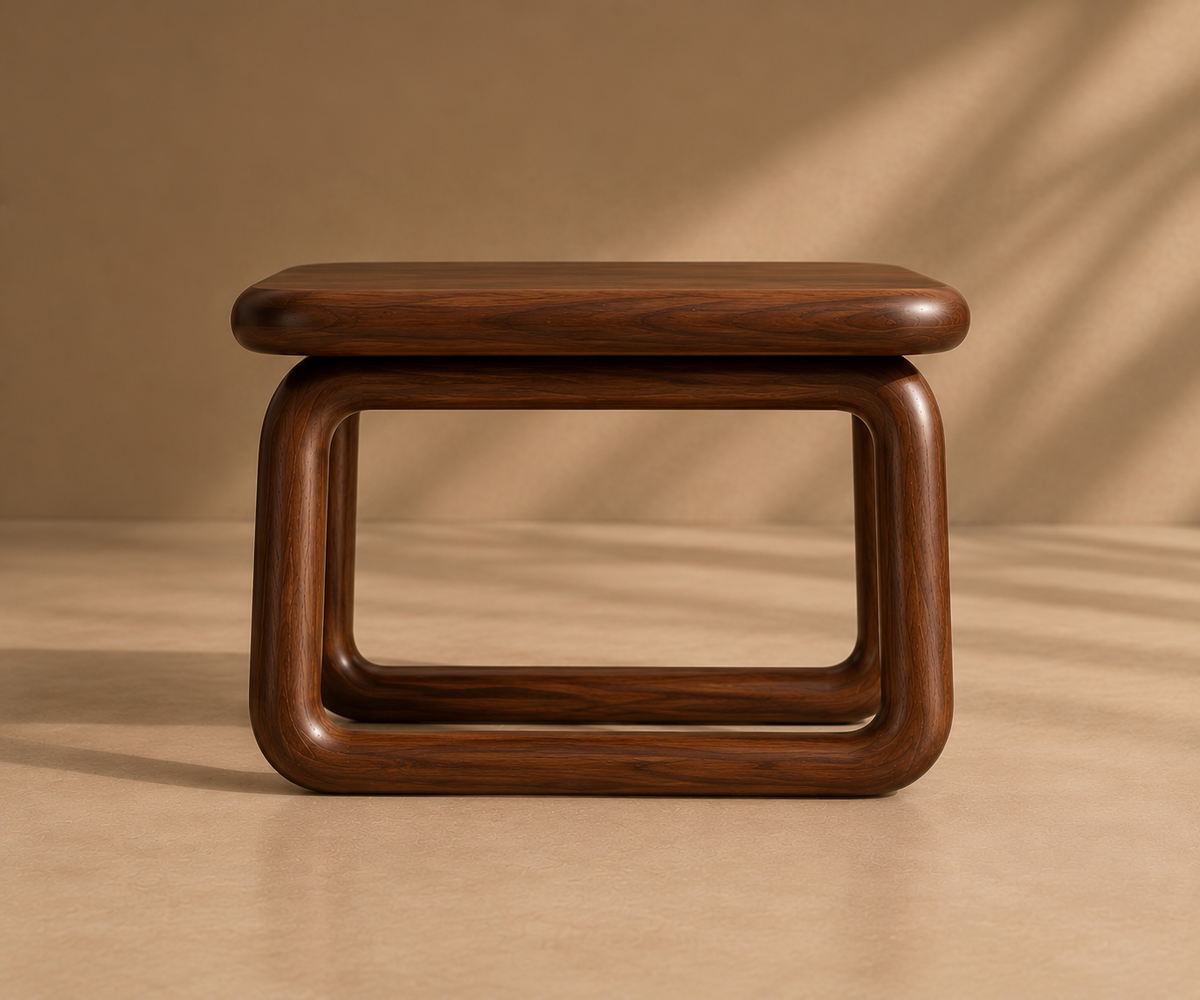 Seti side table in side profile, showing one closed loop of rounded wood