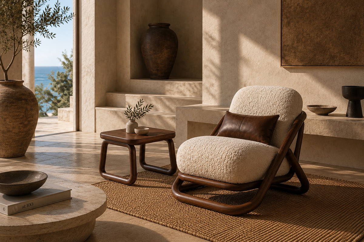 Seti side table and Montu lounge chair in a stone room, with the sea beyond